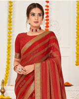 Vishal Prints Red Chiffon Saree With Stone Work And Zari Border