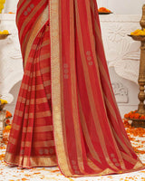 Vishal Prints Red Chiffon Saree With Stone Work And Zari Border