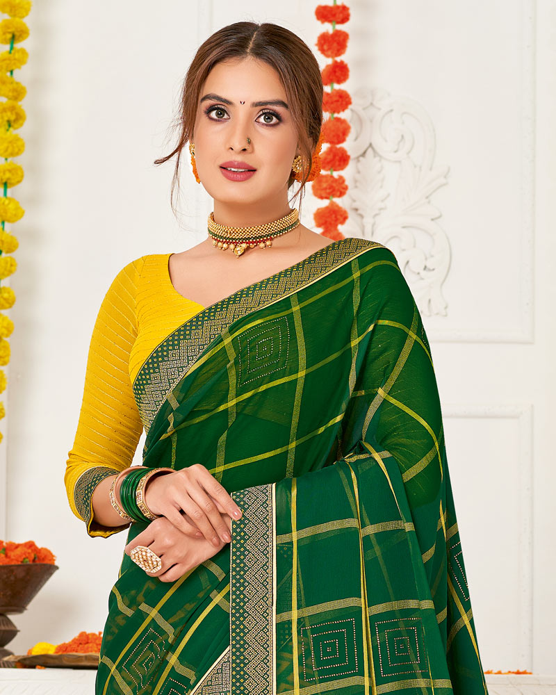 Vishal Prints Green Chiffon Saree With Stone Work And Zari Border