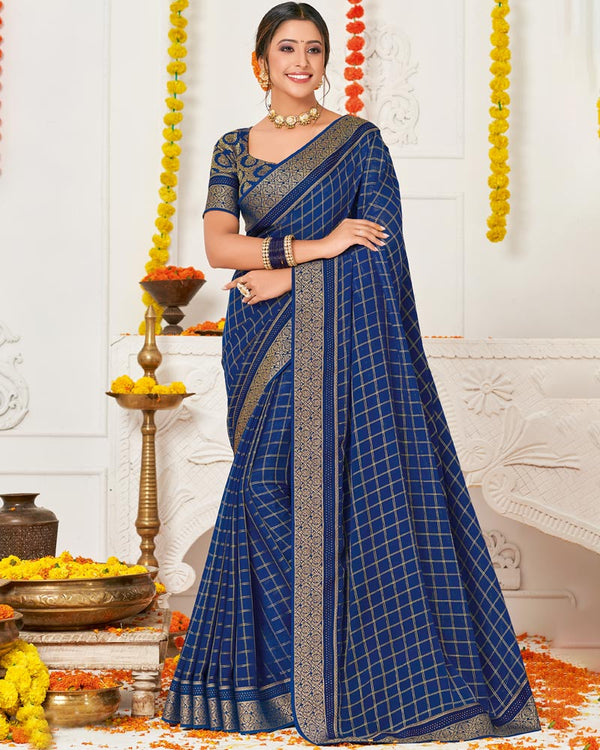 Vishal Prints Blue Chiffon Saree With Foil Print And Zari Border