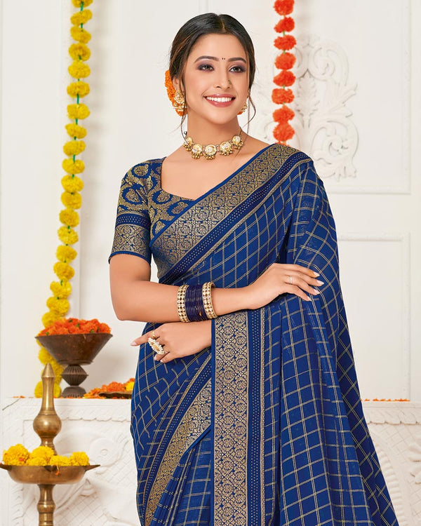 Vishal Prints Blue Chiffon Saree With Foil Print And Zari Border