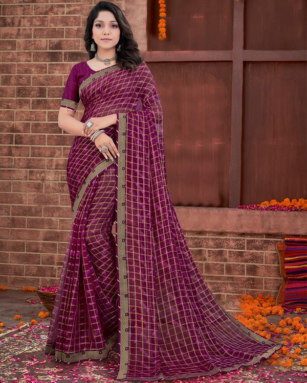 Vishal Prints Wine Patterned Chiffon Printed Saree With Fancy Border