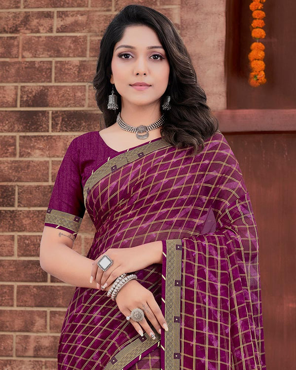 Vishal Prints Wine Patterned Chiffon Printed Saree With Fancy Border