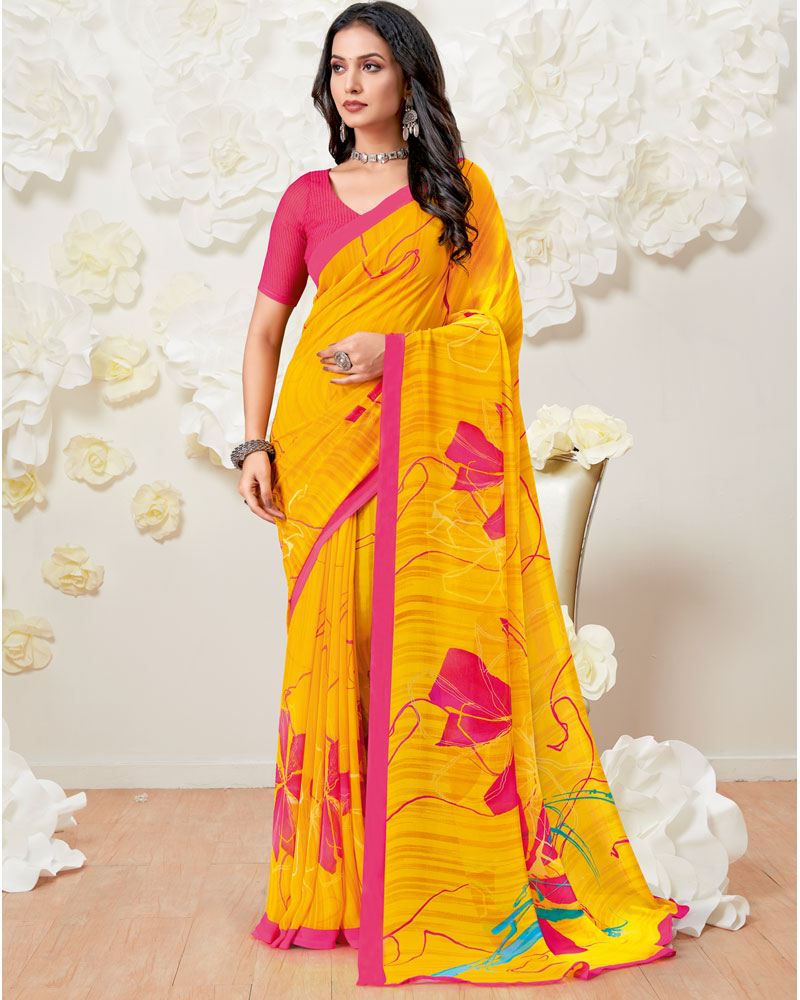 Vishal Prints Golden Yellow Printed Georgette Saree