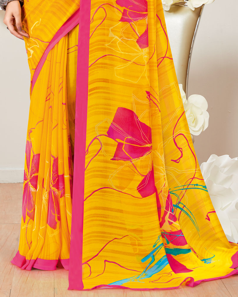 Vishal Prints Golden Yellow Printed Georgette Saree