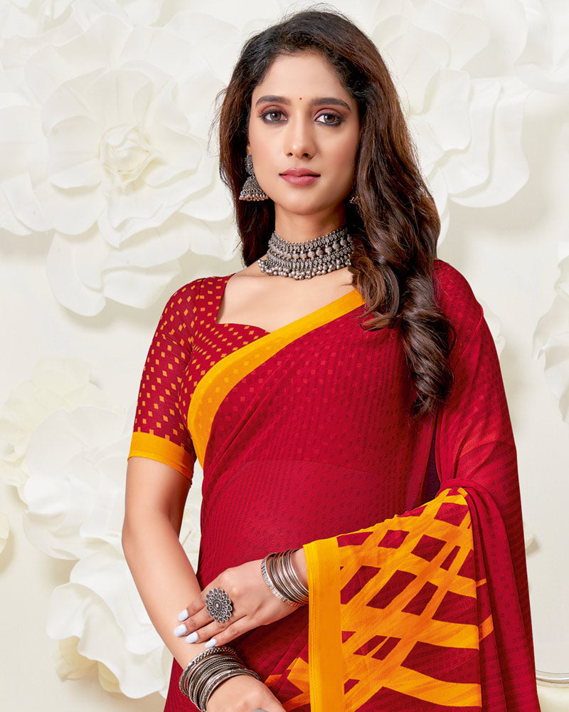 Vishal Prints Cherry Red Printed Georgette Saree