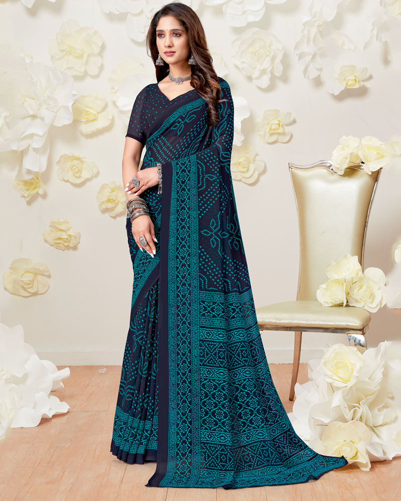 Vishal Prints Dark Navy Blue Printed Georgette Saree