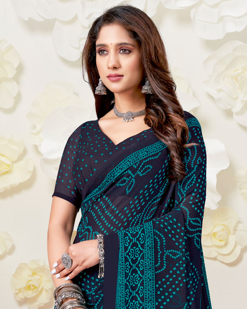 Vishal Prints Dark Navy Blue Printed Georgette Saree