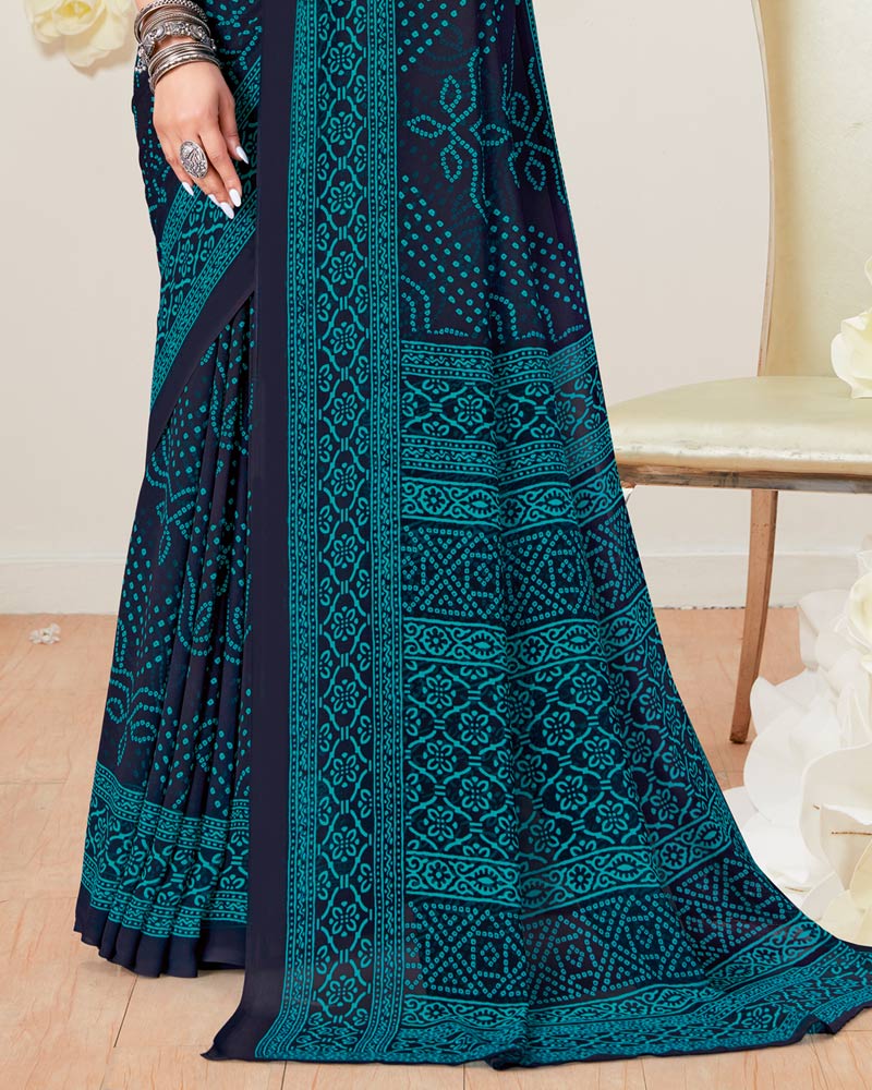 Vishal Prints Dark Navy Blue Printed Georgette Saree