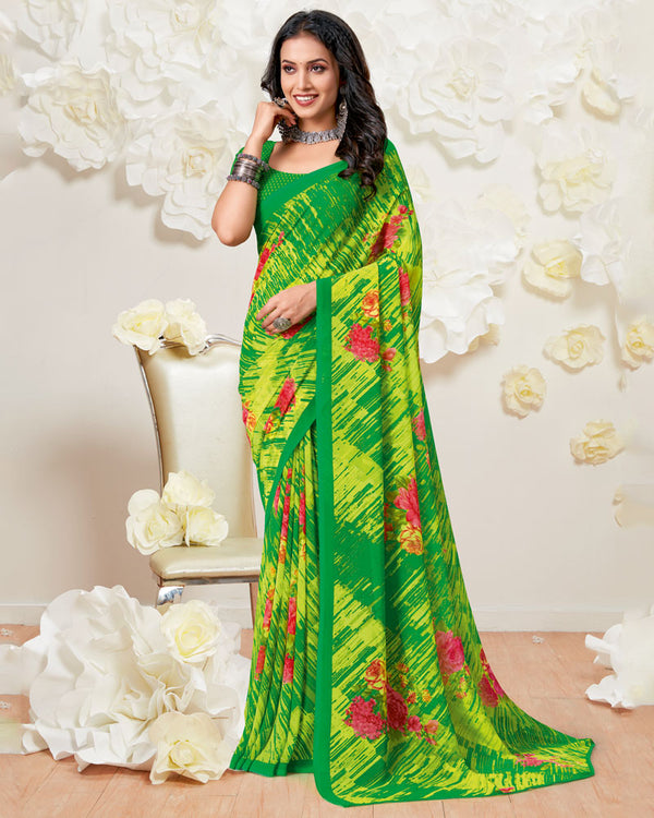 Vishal Prints Parrot Green Printed Georgette Saree