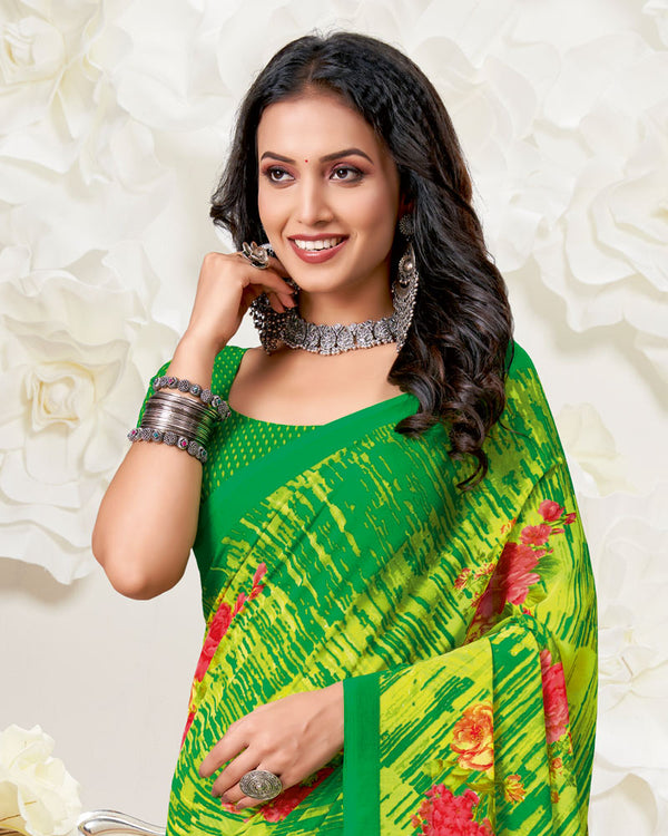 Vishal Prints Parrot Green Printed Georgette Saree