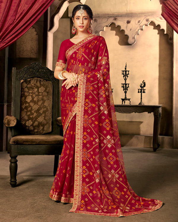 Vishal Prints Burgundy Designer Brasso Saree With Foil Print And Fancy Border