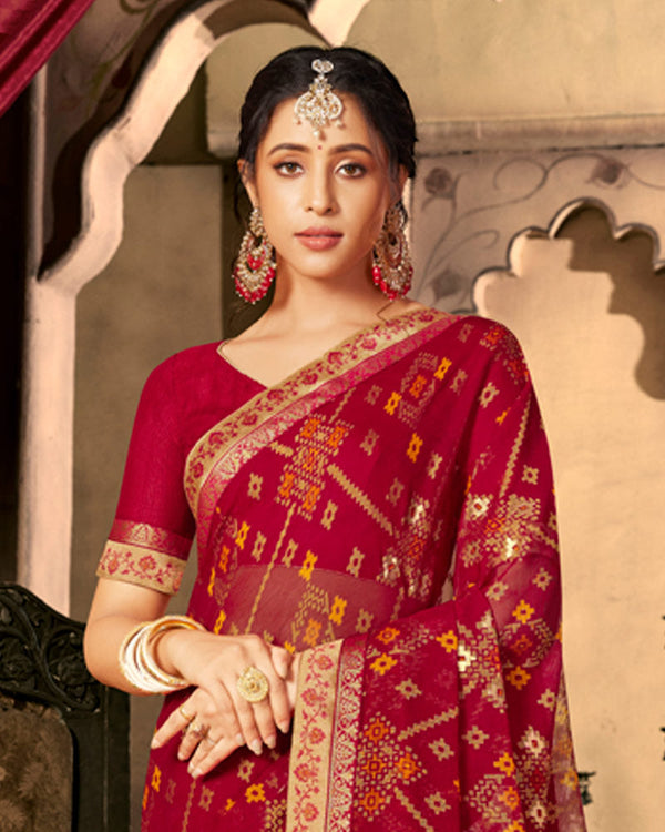 Vishal Prints Burgundy Designer Brasso Saree With Foil Print And Fancy Border