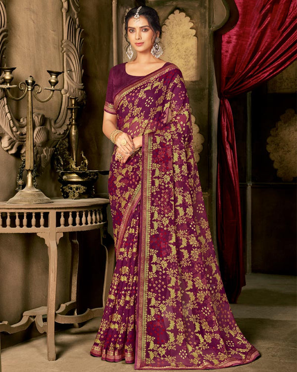 Vishal Prints Wine Designer Brasso Saree With Foil Print And Fancy Border