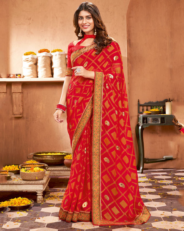 Vishal Prints Cherry Red Printed Brasso Saree With Foil Print And Fancy Border