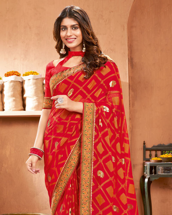 Vishal Prints Cherry Red Printed Brasso Saree With Foil Print And Fancy Border