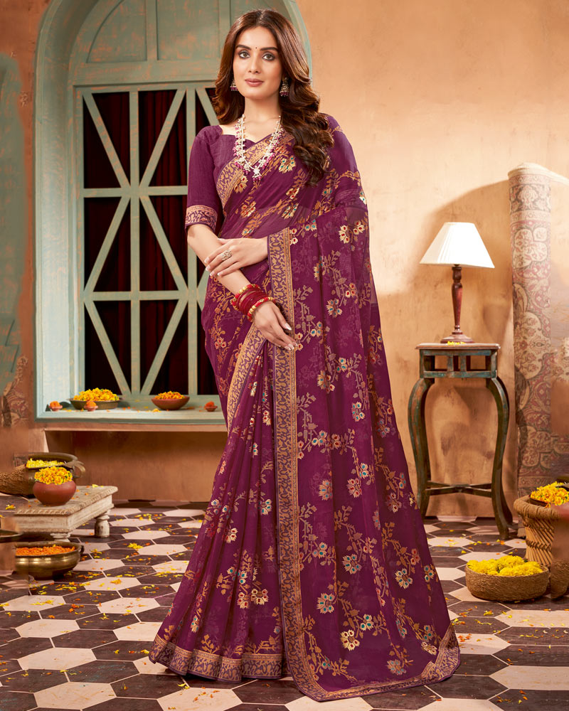 Vishal Prints Wine Printed Brasso Saree With Foil Print And Fancy Border