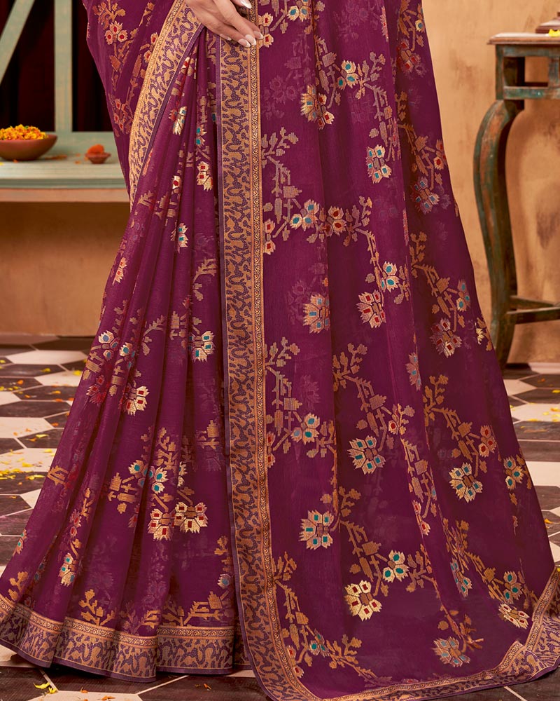 Vishal Prints Wine Printed Brasso Saree With Foil Print And Fancy Border