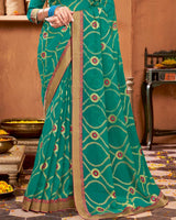 Vishal Prints Teal Green Printed Brasso Saree With Foil Print And Fancy Border