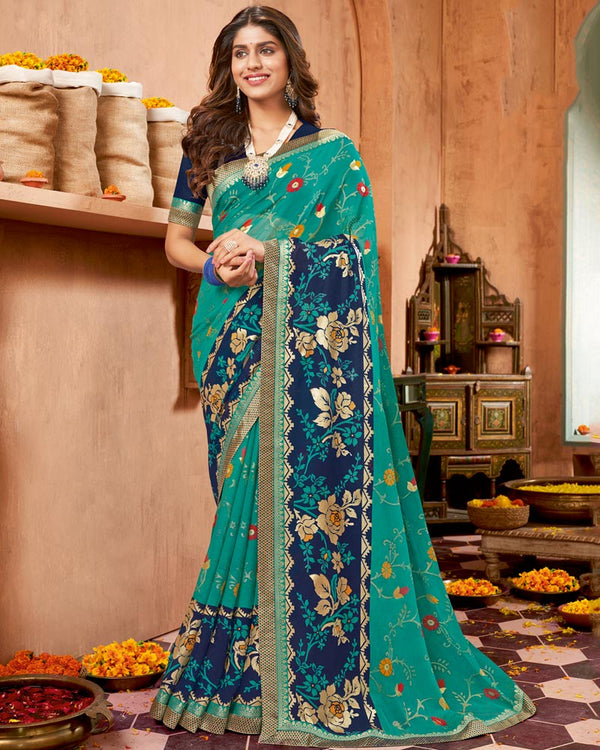 Vishal Prints Teal Blue Printed Brasso Saree With Foil Print And Fancy Border