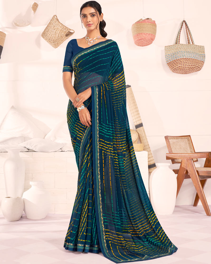 Vishal Prints Blue Zodiac Printed Georgette Saree With Fancy Border