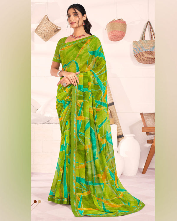 Vishal Prints Olive Green Printed Georgette Saree With Fancy Border