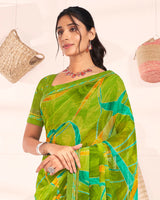 Vishal Prints Olive Green Printed Georgette Saree With Fancy Border