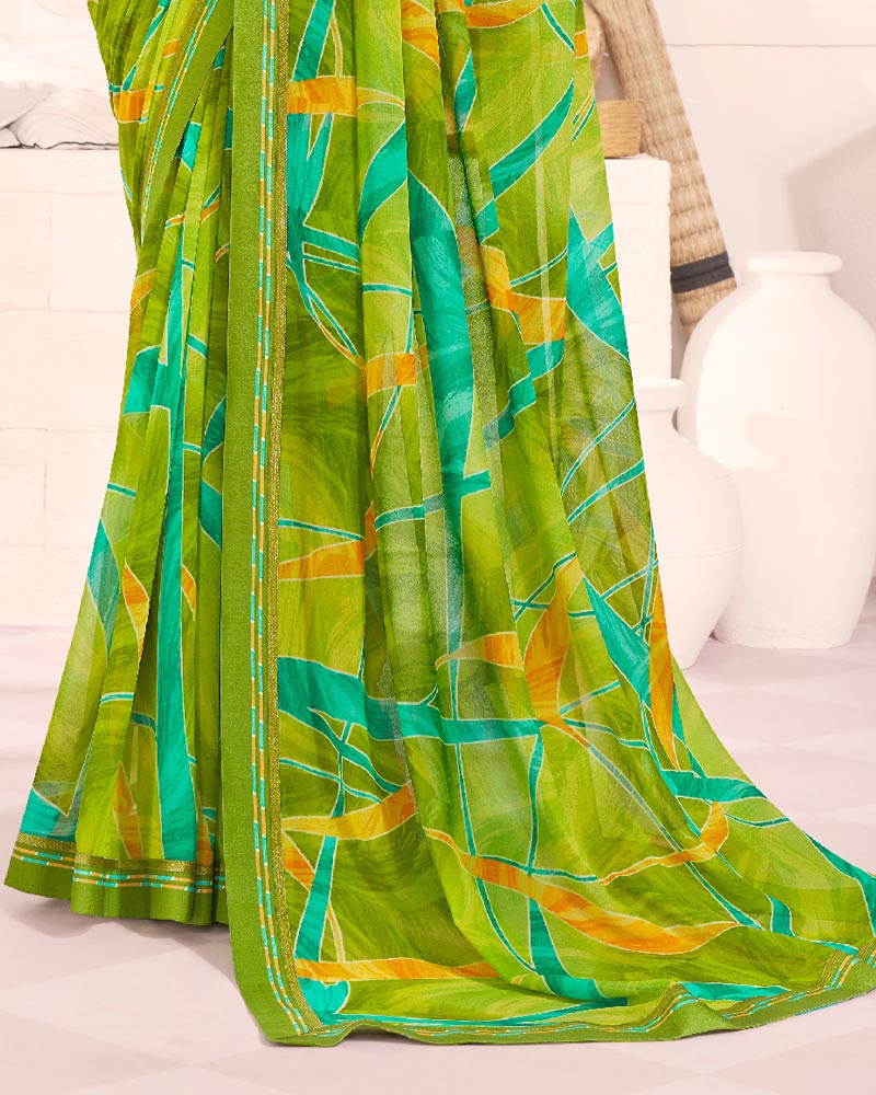 Vishal Prints Olive Green Printed Georgette Saree With Fancy Border