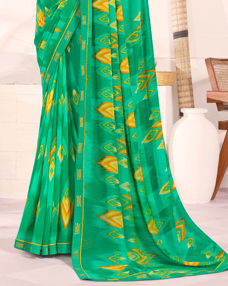 Vishal Prints Dark Mint Green Printed Georgette Saree With Fancy Border