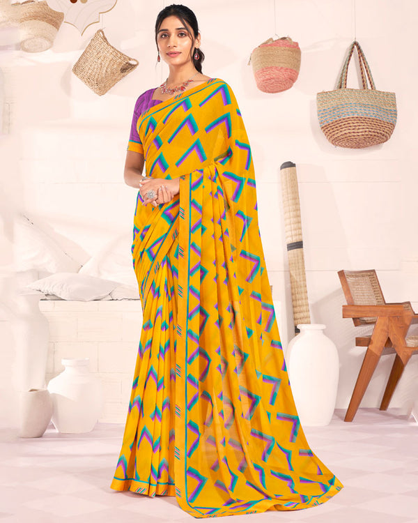 Vishal Prints Dark Yellow Printed Georgette Saree With Fancy Border