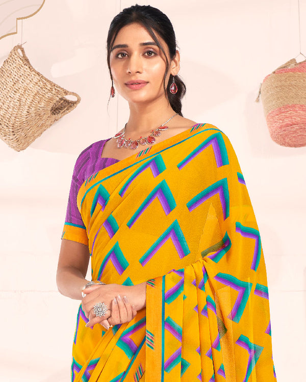 Vishal Prints Dark Yellow Printed Georgette Saree With Fancy Border