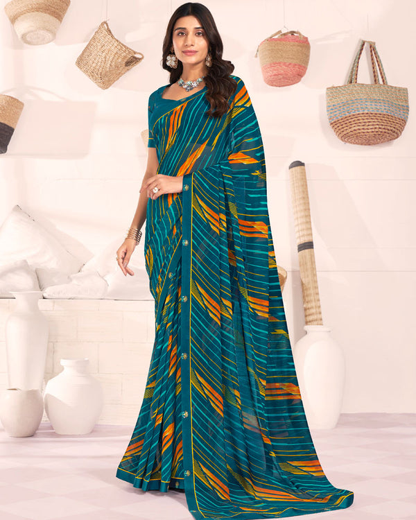 Vishal Prints Peacock Blue Printed Georgette Saree With Fancy Border