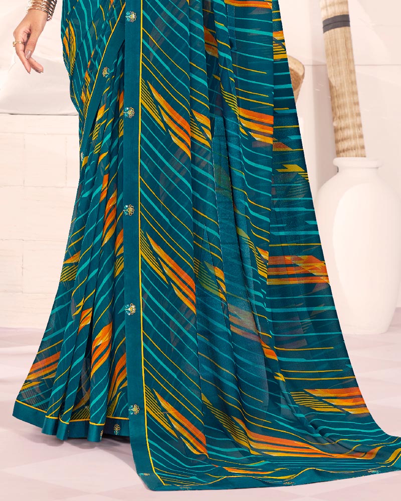 Vishal Prints Peacock Blue Printed Georgette Saree With Fancy Border