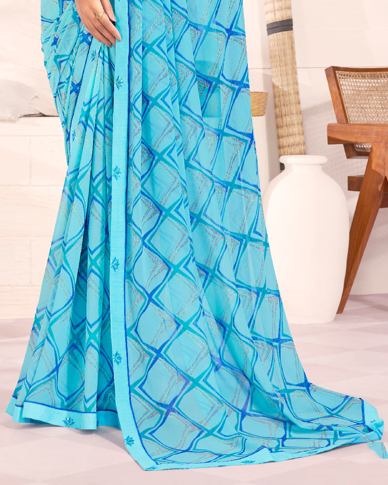 Vishal Prints Spray Blue Printed Georgette Saree With Fancy Border