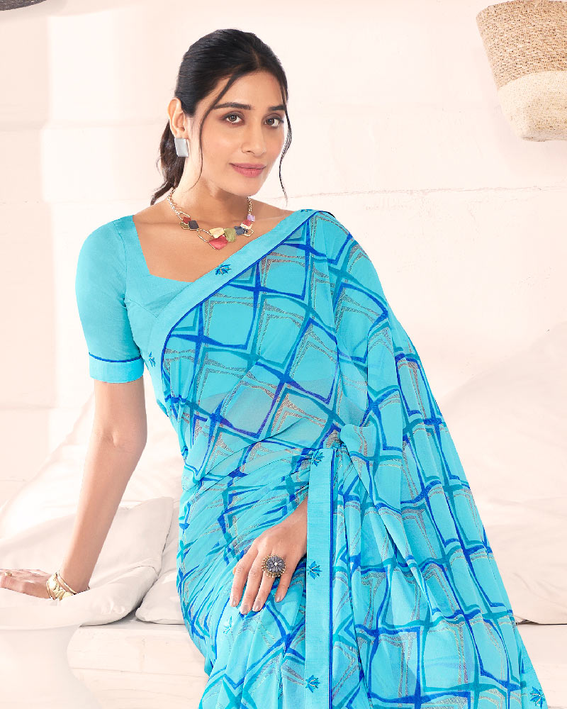 Vishal Prints Spray Blue Printed Georgette Saree With Fancy Border