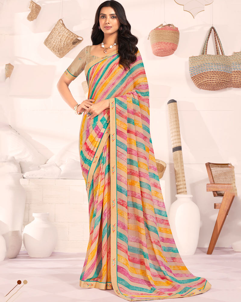 Vishal Prints Pastel Brown Printed Georgette Saree With Fancy Border