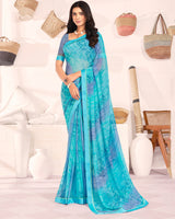 Vishal Prints Ocean Blue Printed Georgette Saree With Fancy Border