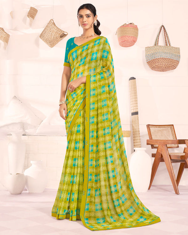 Vishal Prints Olive Yellow Printed Georgette Saree With Fancy Border