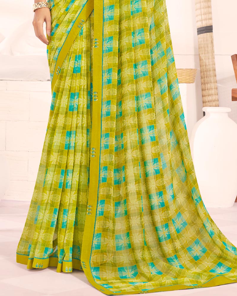 Vishal Prints Olive Yellow Printed Georgette Saree With Fancy Border