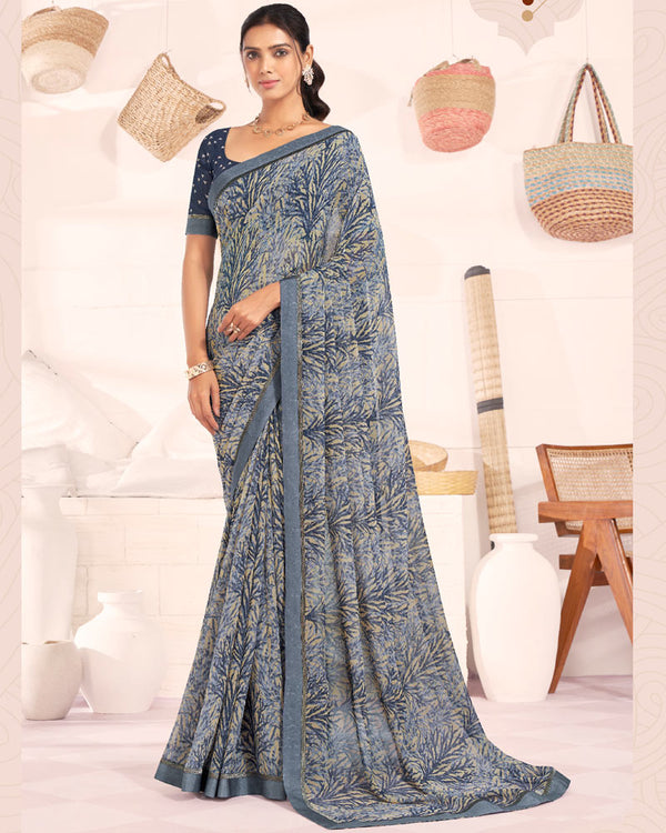 Vishal Prints Strom Grey Printed Georgette Saree With Fancy Border