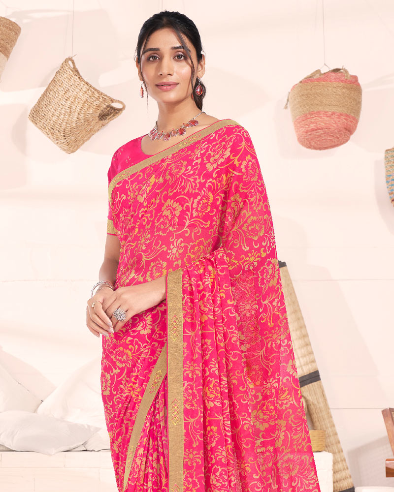 Vishal Prints Red Pink Printed Georgette Saree With Fancy Border