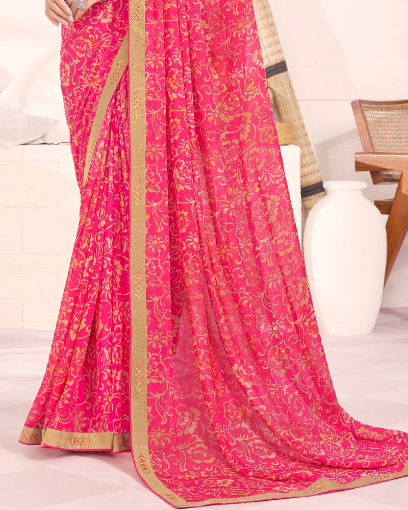 Vishal Prints Red Pink Printed Georgette Saree With Fancy Border