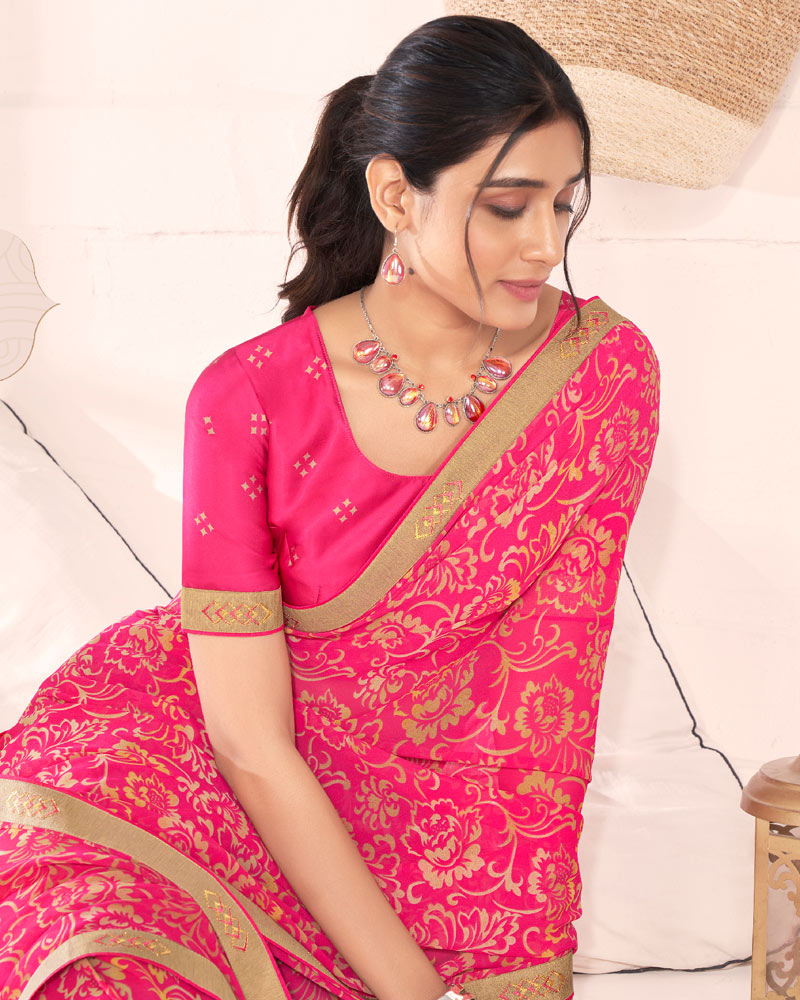 Vishal Prints Red Pink Printed Georgette Saree With Fancy Border