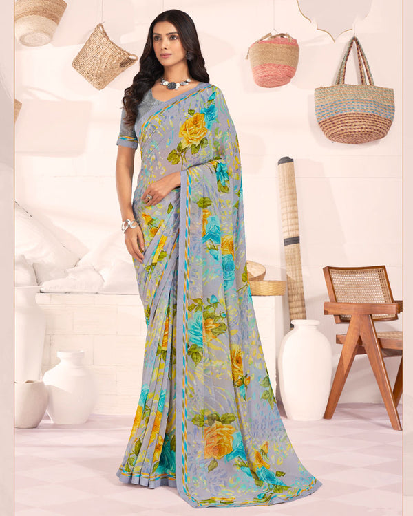 Vishal Prints Bluish Grey Printed Georgette Saree With Fancy Border