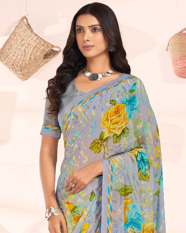 Vishal Prints Bluish Grey Printed Georgette Saree With Fancy Border