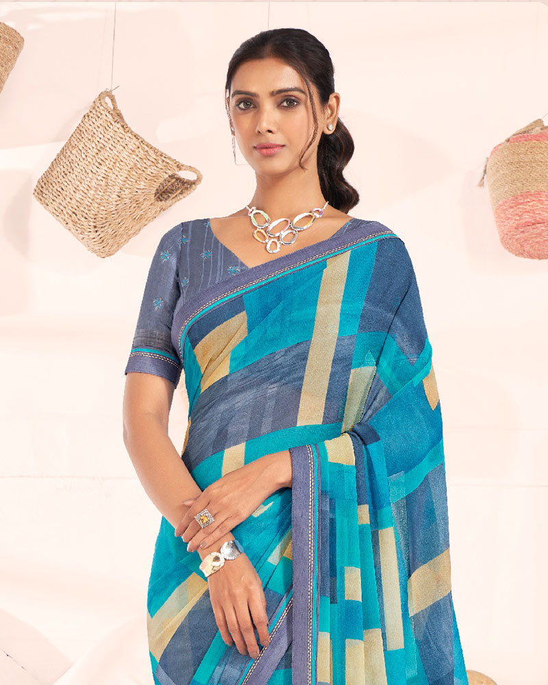 Vishal Prints Pacific Blue Printed Georgette Saree With Fancy Border