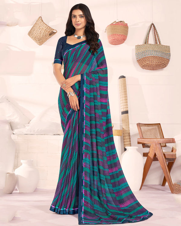 Vishal Prints Dark Navy Blue Printed Georgette Saree With Fancy Border