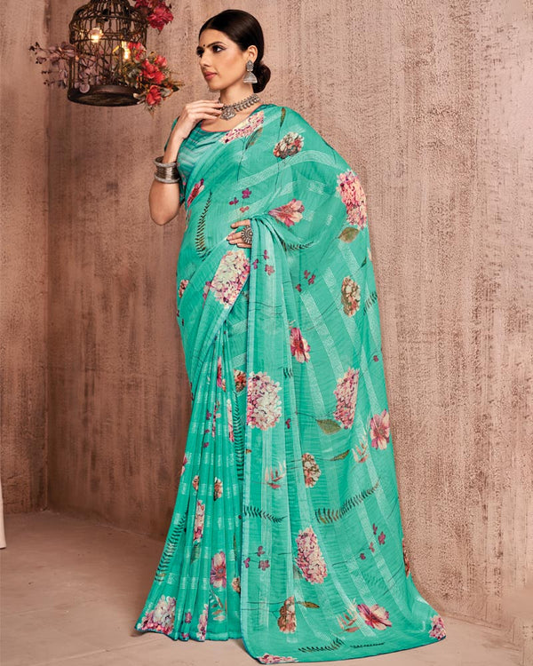 Vishal Prints Aqua Green Fancy Chiffon Digital Print Saree