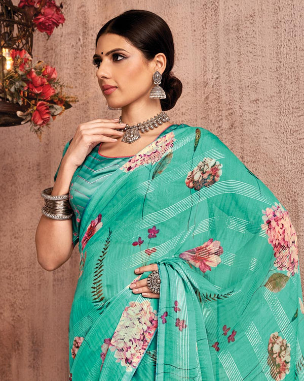 Vishal Prints Aqua Green Fancy Chiffon Digital Print Saree