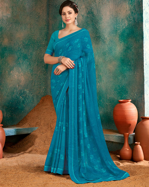 Vishal Prints Peacock Blue Printed Chiffon Saree With Fancy Border